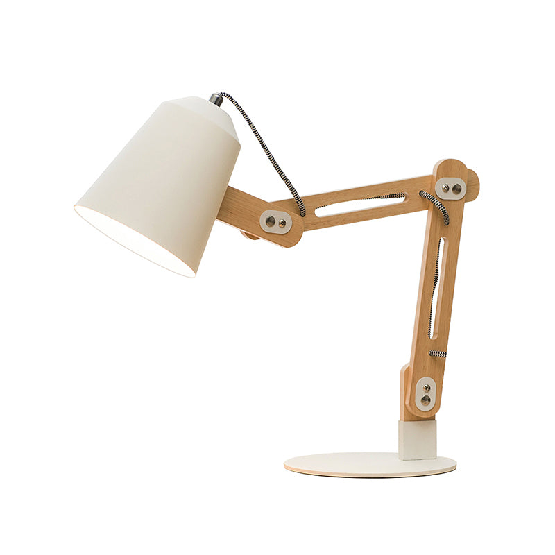 Conical Metal Desk Lamp Modern 1 Head White Table Light with Adjustable Wood Arm Clearhalo 'Lamps' 'Table Lamps' Lighting' 401938