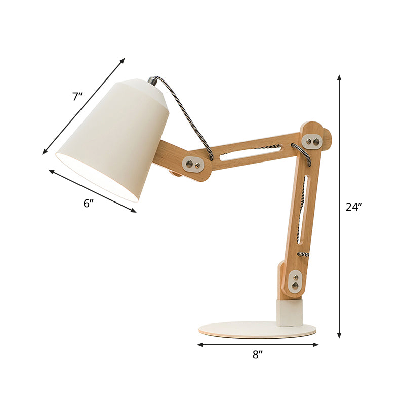 Conical Metal Desk Lamp Modern 1 Head White Table Light with Adjustable Wood Arm Clearhalo 'Lamps' 'Table Lamps' Lighting' 401939