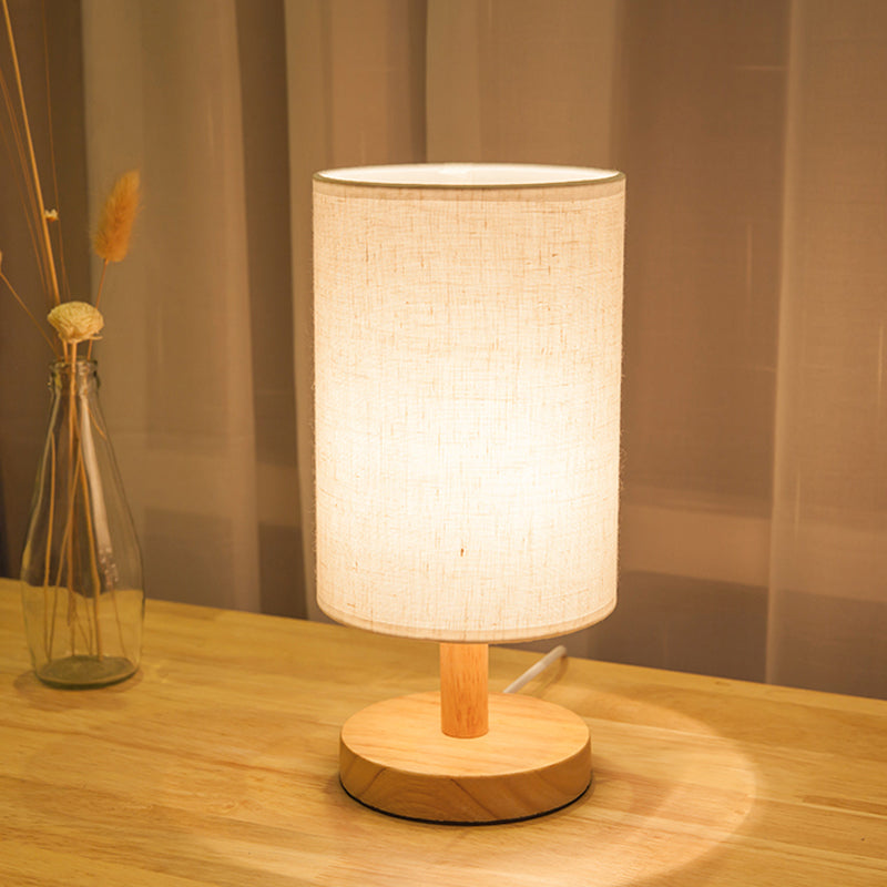 Fabric Cylinder Task Lighting Japanese 1 Bulb Reading Lamp in White/Flaxen with Wood Base Clearhalo 'Lamps' 'Table Lamps' Lighting' 402015