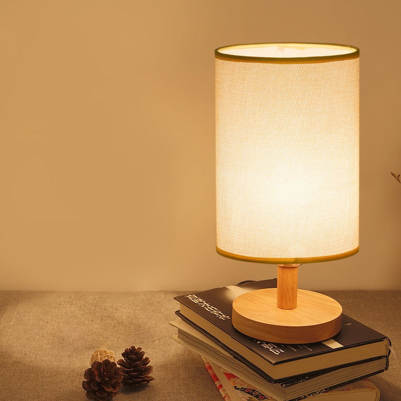 Fabric Cylinder Task Lighting Japanese 1 Bulb Reading Lamp in White/Flaxen with Wood Base White Clearhalo 'Lamps' 'Table Lamps' Lighting' 402019