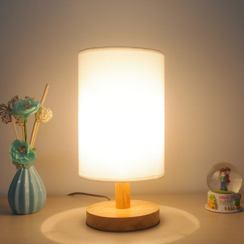 Fabric Cylinder Task Lighting Japanese 1 Bulb Reading Lamp in White/Flaxen with Wood Base Clearhalo 'Lamps' 'Table Lamps' Lighting' 402020