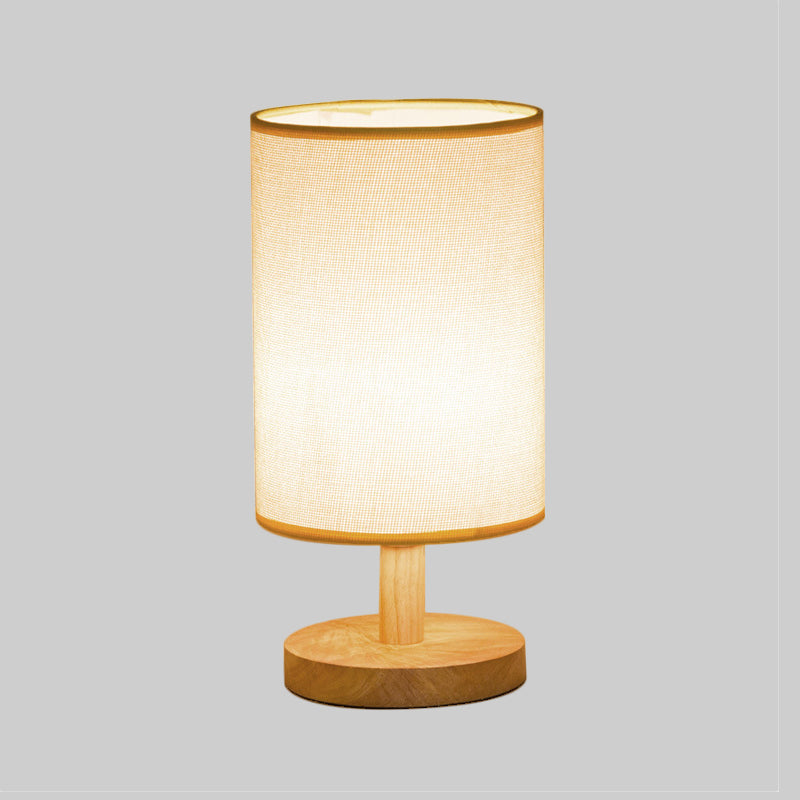 Fabric Cylinder Task Lighting Japanese 1 Bulb Reading Lamp in White/Flaxen with Wood Base Clearhalo 'Lamps' 'Table Lamps' Lighting' 402022