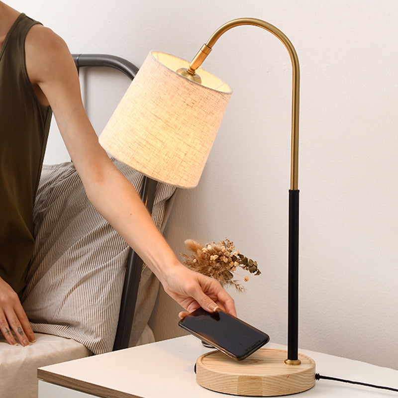 Fabric Barrel Desk Light Modern 1 Bulb Red Brown/Beige Night Table Lamp with Curvy Metal Arm Beige Clearhalo 'Lamps' 'Table Lamps' Lighting' 402038