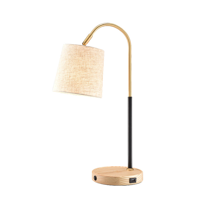 Fabric Barrel Desk Light Modern 1 Bulb Red Brown/Beige Night Table Lamp with Curvy Metal Arm Clearhalo 'Lamps' 'Table Lamps' Lighting' 402040