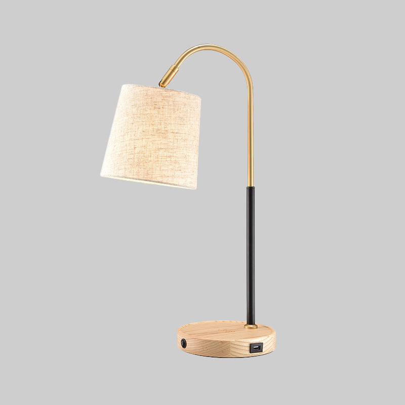 Fabric Barrel Desk Light Modern 1 Bulb Red Brown/Beige Night Table Lamp with Curvy Metal Arm Clearhalo 'Lamps' 'Table Lamps' Lighting' 402041