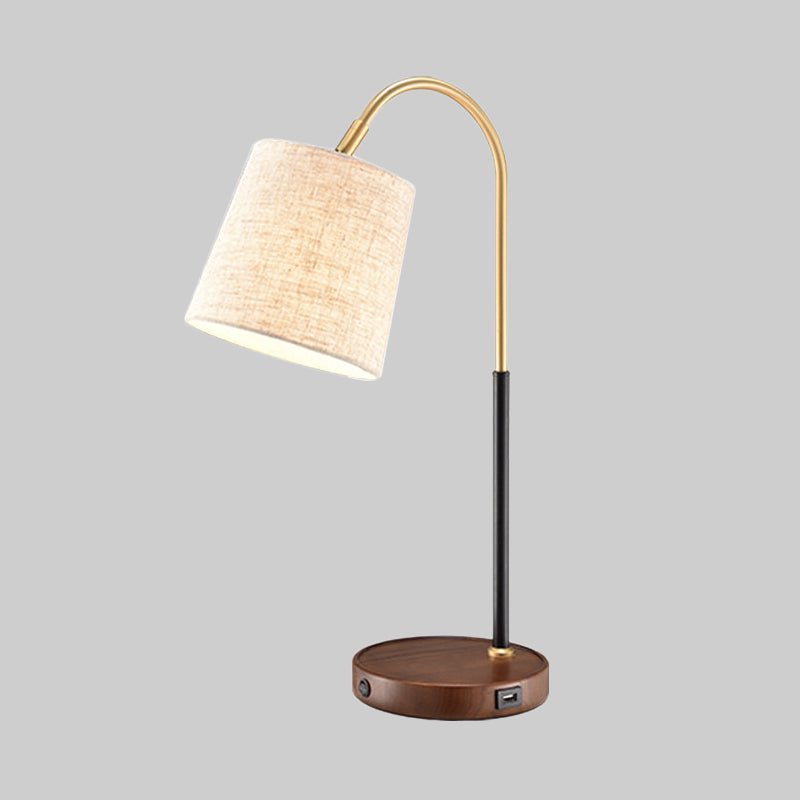 Fabric Barrel Desk Light Modern 1 Bulb Red Brown/Beige Night Table Lamp with Curvy Metal Arm Clearhalo 'Lamps' 'Table Lamps' Lighting' 402046