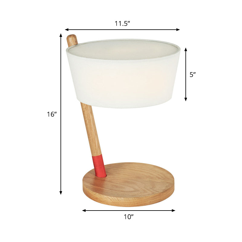 White Shaded Desk Light Japanese 1 Head Fabric Table Lamp, Circle Beige Wood Base Clearhalo 'Lamps' 'Table Lamps' Lighting' 402065