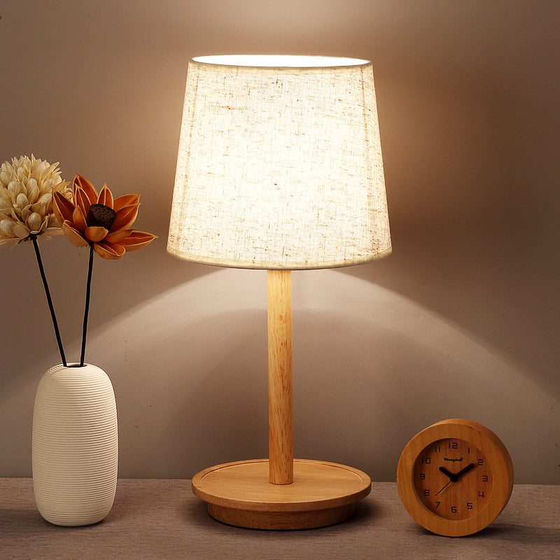 Modern Tapered Desk Light Fabric 1 Bulb Night Table Lamp in White with Wood Base Clearhalo 'Lamps' 'Table Lamps' Lighting' 402082