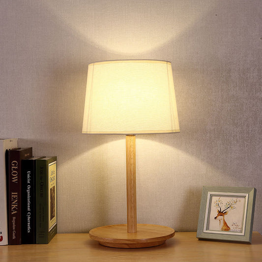 Barrel Task Lamp Modernist Fabric 1 Bulb White Table Light, Round Beige Wood Base Clearhalo 'Lamps' 'Table Lamps' Lighting' 402092