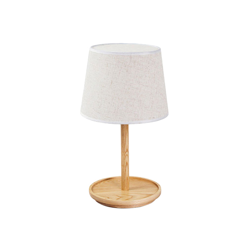 Barrel Task Lamp Modernist Fabric 1 Bulb White Table Light, Round Beige Wood Base Clearhalo 'Lamps' 'Table Lamps' Lighting' 402093