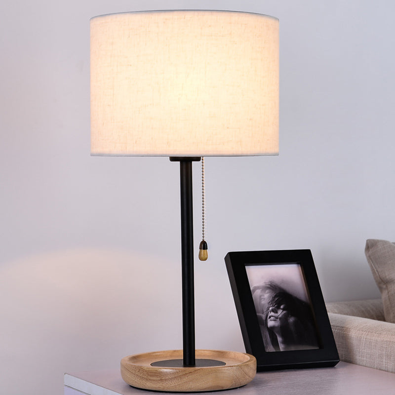 Modernist Cylinder Task Light Fabric 1 Bulb Reading Lamp in Black/Flaxen with Pull Chain Flaxen Clearhalo 'Lamps' 'Table Lamps' Lighting' 402138