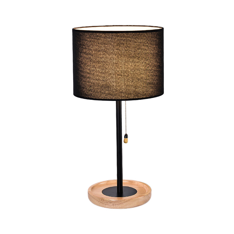 Modernist Cylinder Task Light Fabric 1 Bulb Reading Lamp in Black/Flaxen with Pull Chain Clearhalo 'Lamps' 'Table Lamps' Lighting' 402146