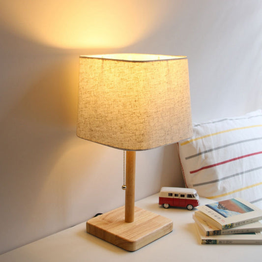 Contemporary 1 Bulb Desk Lamp Wood Trapezoid Reading Book Light with Fabric Shade Wood Clearhalo 'Lamps' 'Table Lamps' Lighting' 402152