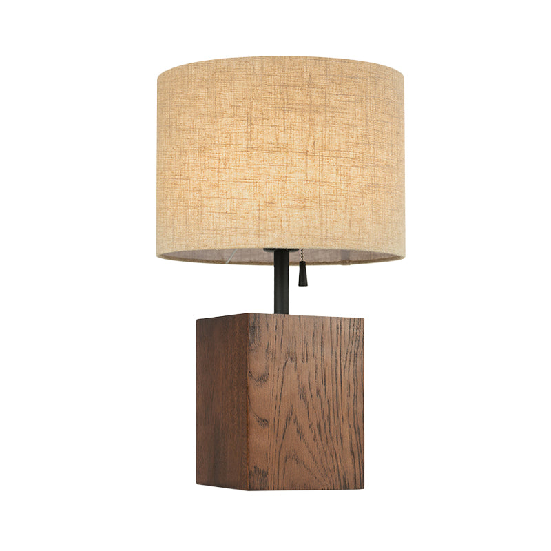 Flaxen Cylinder Desk Light Modern 1 Bulb Fabric Table Lamp, Brown Rectangular Wood Base Clearhalo 'Lamps' 'Table Lamps' Lighting' 402159