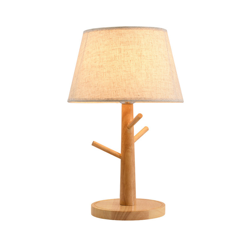 1 Head Tapered Drum Nightstand Lamp Contemporary Fabric Reading Book Light in Wood Clearhalo 'Lamps' 'Table Lamps' Lighting' 402179