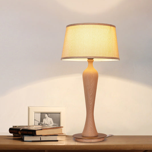 Modern Urn-Shaped Desk Lamp Wood 1 Bulb Table Light in Beige with Drum Fabric Shade Wood Clearhalo 'Lamps' 'Table Lamps' Lighting' 402181