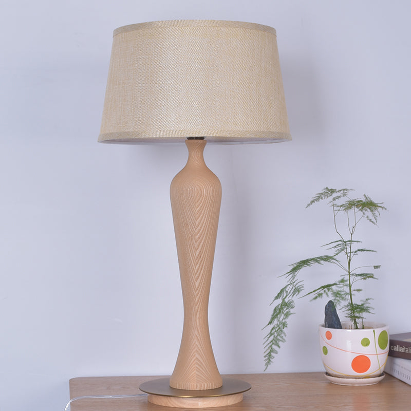 Modern Urn-Shaped Desk Lamp Wood 1 Bulb Table Light in Beige with Drum Fabric Shade Clearhalo 'Lamps' 'Table Lamps' Lighting' 402182