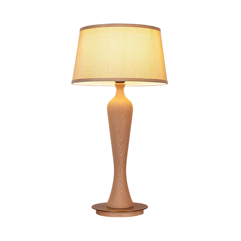 Modern Urn-Shaped Desk Lamp Wood 1 Bulb Table Light in Beige with Drum Fabric Shade Clearhalo 'Lamps' 'Table Lamps' Lighting' 402184