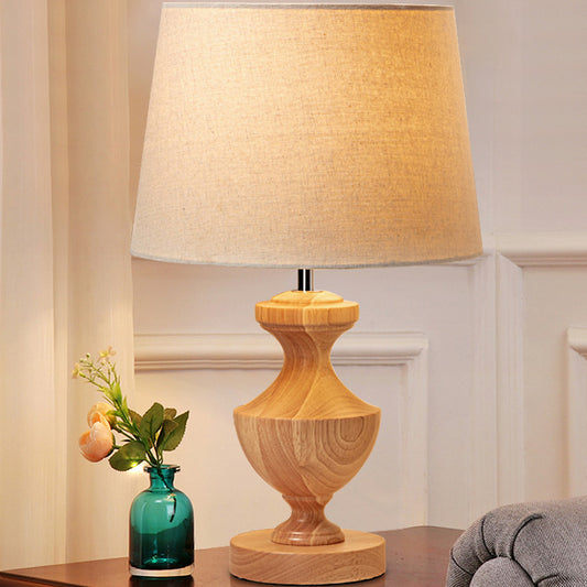 Urn Shape Nightstand Lamp Modern Wood 1 Bulb Reading Light in Beige with Fabric Shade Clearhalo 'Lamps' 'Table Lamps' Lighting' 402197