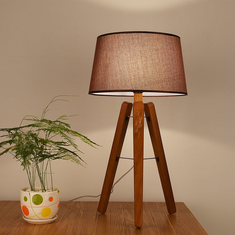 Fabric Tapered Desk Light Modernist 1 Bulb Night Table Lamp in Brown/Beige with Wood Tripod Brown Clearhalo 'Lamps' 'Table Lamps' Lighting' 402262