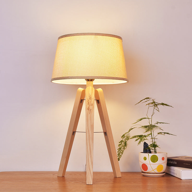 Fabric Tapered Desk Light Modernist 1 Bulb Night Table Lamp in Brown/Beige with Wood Tripod Wood Clearhalo 'Lamps' 'Table Lamps' Lighting' 402267