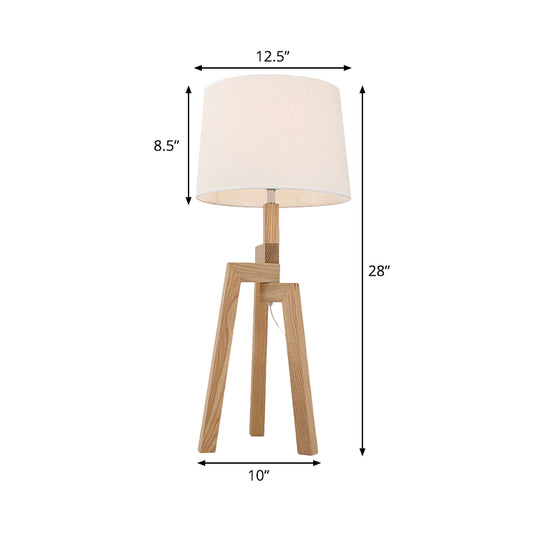 1 Head Barrel Shade Desk Lamp Modern Fabric Table Light in White with Wood Tripod Clearhalo 'Lamps' 'Table Lamps' Lighting' 402295