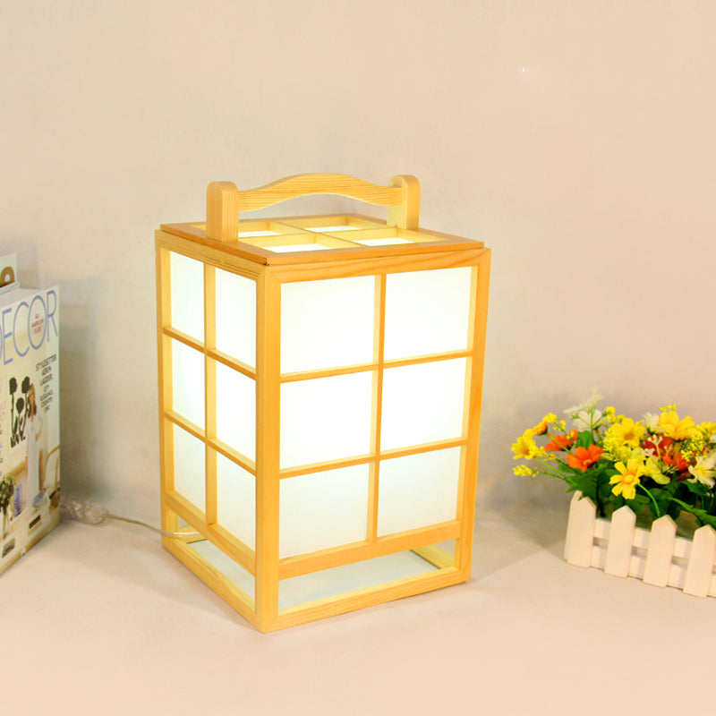 Japanese Rectangular Table Light Wood 1 Bulb Small Desk Lamp in Beige with Handle Clearhalo 'Lamps' 'Table Lamps' Lighting' 402380