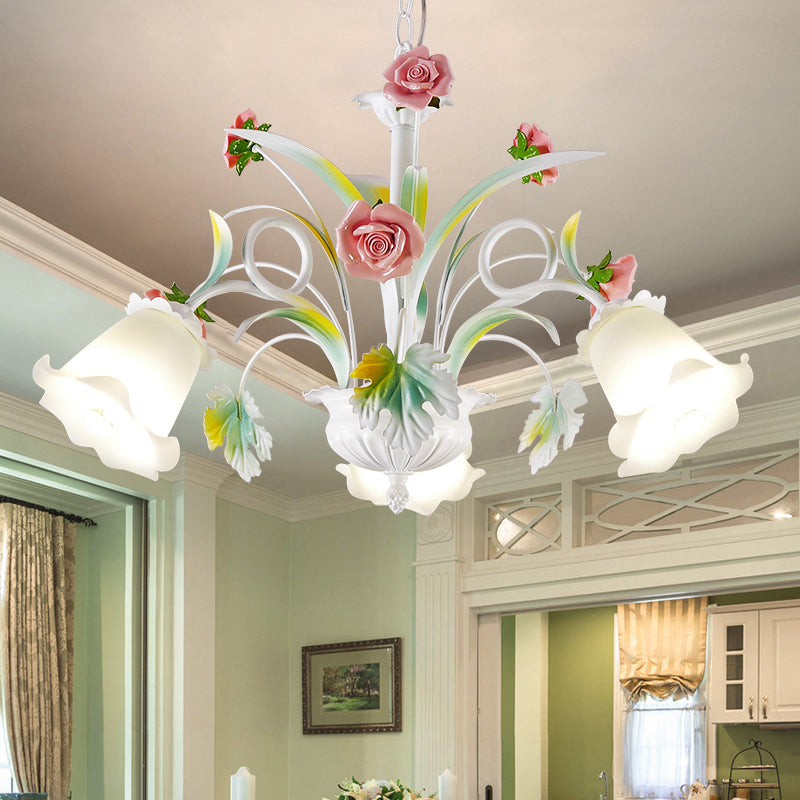 White Glass Rose Chandelier Light Countryside 3 Bulbs Living Room Pendant Lighting Fixture White Clearhalo 'Ceiling Lights' 'Chandeliers' 'Glass shade' 'Glass' Lighting' 402676