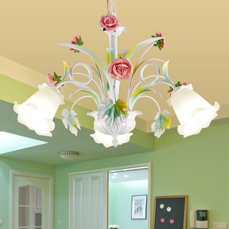 White Glass Rose Chandelier Light Countryside 3 Bulbs Living Room Pendant Lighting Fixture Clearhalo 'Ceiling Lights' 'Chandeliers' 'Glass shade' 'Glass' Lighting' 402678