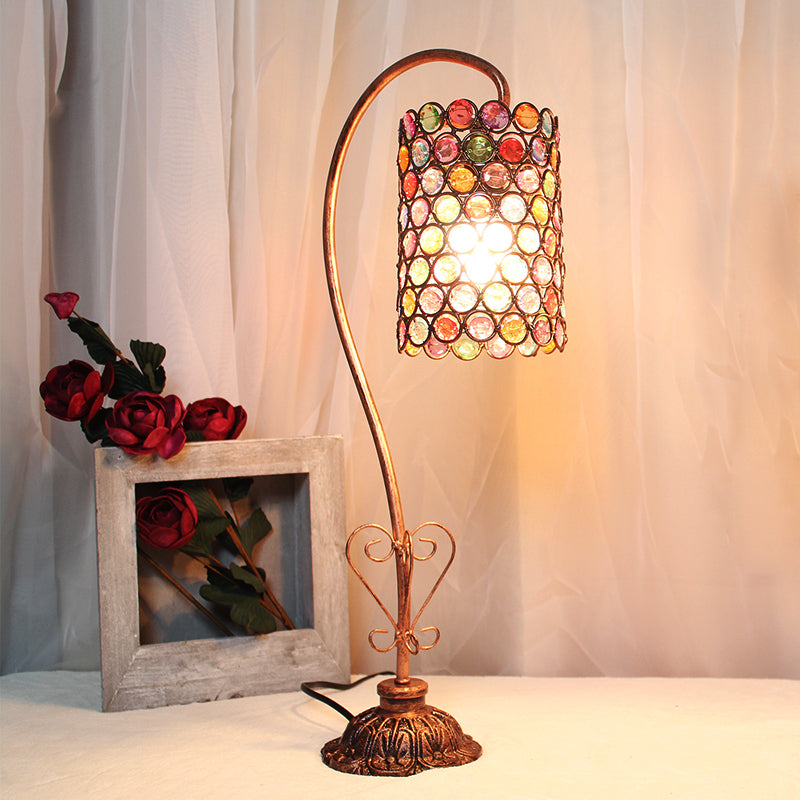 1 Head Metal Table Lamp Vintage Red/Pink/Yellow Dome/Globe/Cylinder Living Room Nightstand Lighting with Curved Arm Yellow Clearhalo 'Lamps' 'Table Lamps' Lighting' 402904