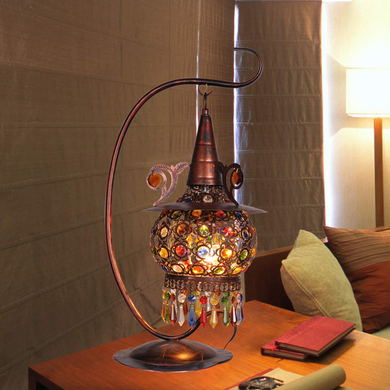 Rust Lantern Nightstand Light Bohemian Metal 1 Light Living Room Night Table Lighting with Curvy Arm Rust Clearhalo 'Lamps' 'Table Lamps' Lighting' 402910