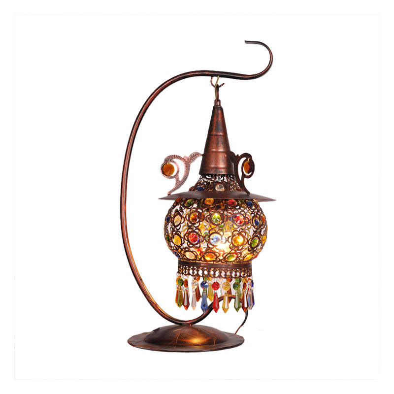 Rust Lantern Nightstand Light Bohemian Metal 1 Light Living Room Night Table Lighting with Curvy Arm Clearhalo 'Lamps' 'Table Lamps' Lighting' 402913