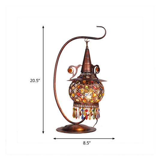 Rust Lantern Nightstand Light Bohemian Metal 1 Light Living Room Night Table Lighting with Curvy Arm Clearhalo 'Lamps' 'Table Lamps' Lighting' 402914