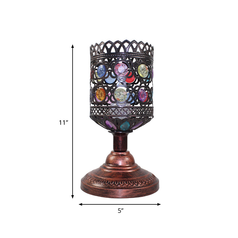 Metal Cylinder Night Lighting Bohemian 1 Head Living Room Nightstand Lamp in White/Red/Blue with Round Pedestal Clearhalo 'Lamps' 'Table Lamps' Lighting' 402945