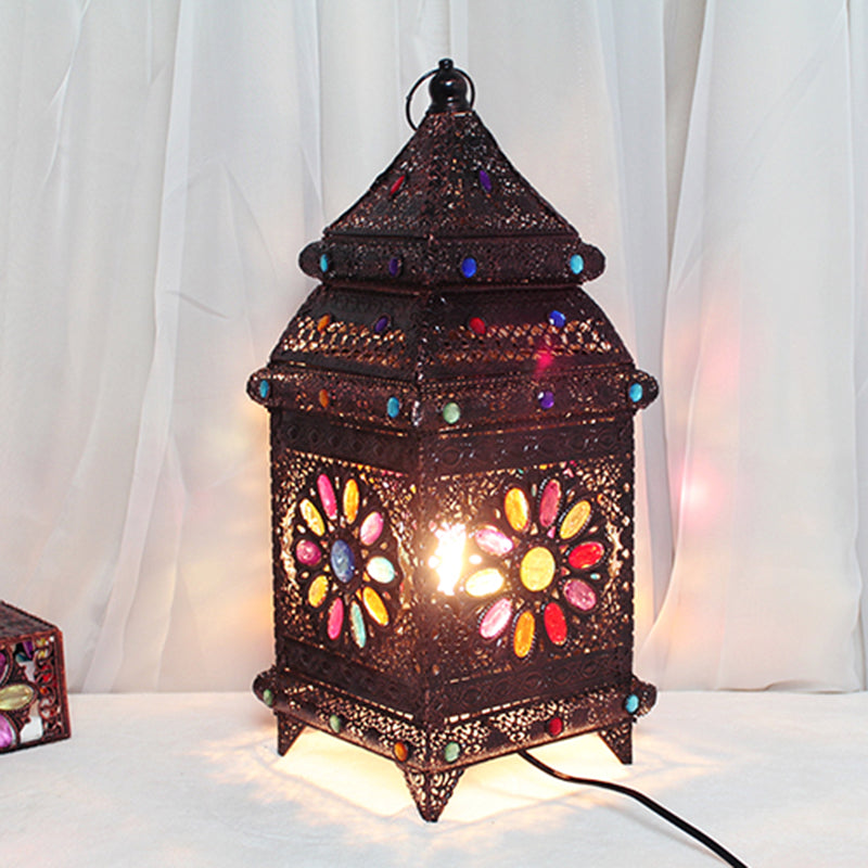 Lantern Bedroom Night Table Lighting Bohemian Metal 1 Bulb Bronze Nightstand Lamp Clearhalo 'Lamps' 'Table Lamps' Lighting' 402984