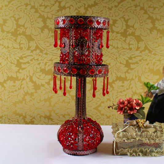 Red Cylinder Night Table Light Bohemian Metal 2 Bulbs Living Room Nightstand Lighting with Acrylic Decoration Red Clearhalo 'Lamps' 'Table Lamps' Lighting' 403063