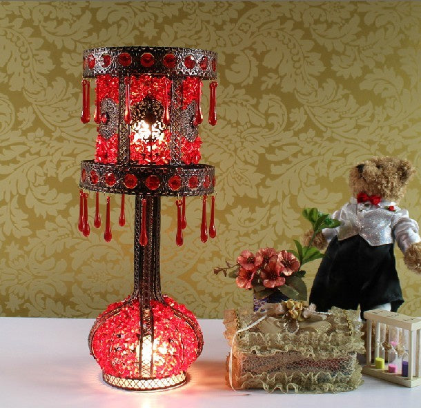 Red Cylinder Night Table Light Bohemian Metal 2 Bulbs Living Room Nightstand Lighting with Acrylic Decoration Clearhalo 'Lamps' 'Table Lamps' Lighting' 403064