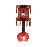 Red Cylinder Night Table Light Bohemian Metal 2 Bulbs Living Room Nightstand Lighting with Acrylic Decoration Clearhalo 'Lamps' 'Table Lamps' Lighting' 403065