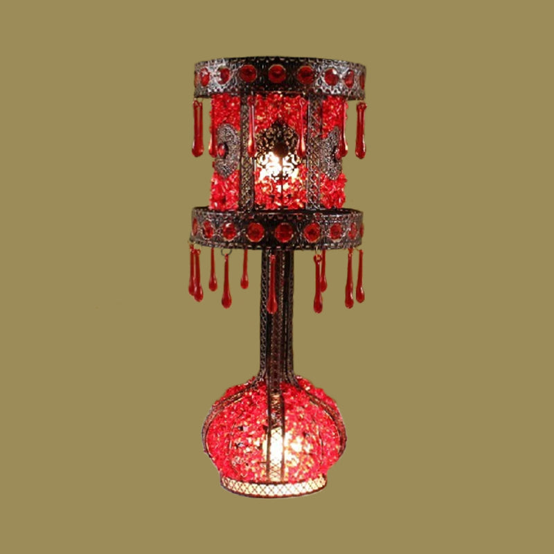 Red Cylinder Night Table Light Bohemian Metal 2 Bulbs Living Room Nightstand Lighting with Acrylic Decoration Clearhalo 'Lamps' 'Table Lamps' Lighting' 403066