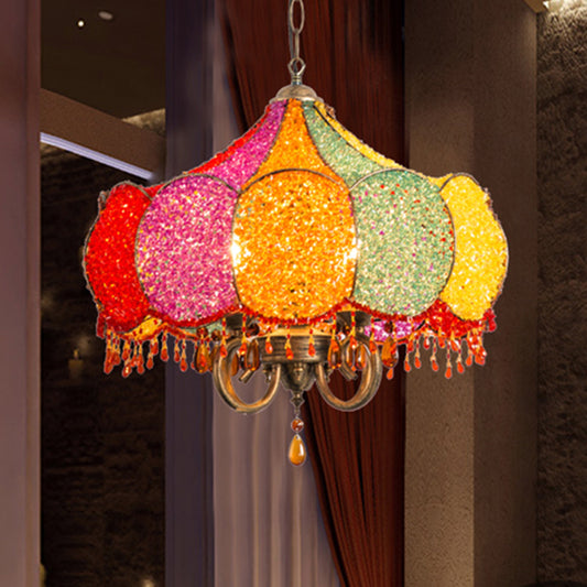 Scalloped Restaurant Chandelier Lighting Bohemian Metal 4 Bulbs Pink/Yellow Pendant Light Fixture Clearhalo 'Ceiling Lights' 'Chandeliers' Lighting' options 403103