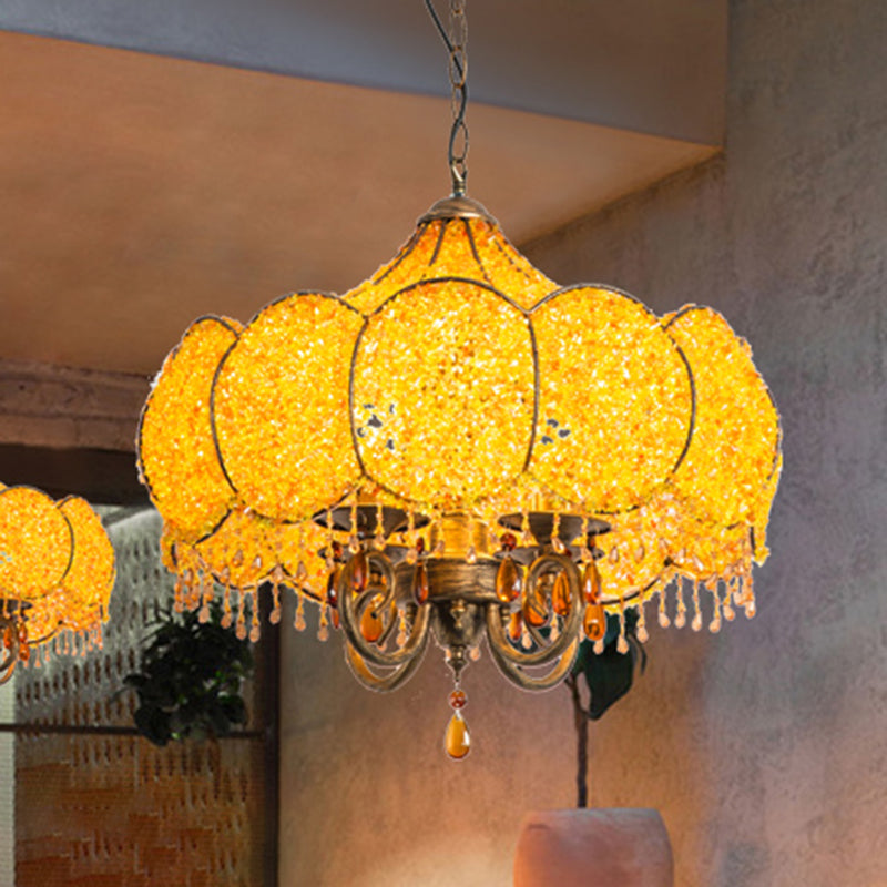 Scalloped Restaurant Chandelier Lighting Bohemian Metal 4 Bulbs Pink/Yellow Pendant Light Fixture Yellow Clearhalo 'Ceiling Lights' 'Chandeliers' Lighting' options 403107_1600564c-c666-4049-bb63-eb7932fe599e