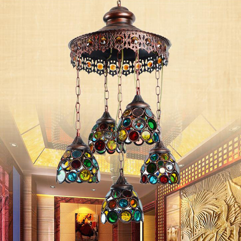 Copper Dome Hanging Chandelier Bohemian Metal 5 Heads Living Room Pendant Ceiling Light Clearhalo 'Ceiling Lights' 'Chandeliers' Lighting' options 403116