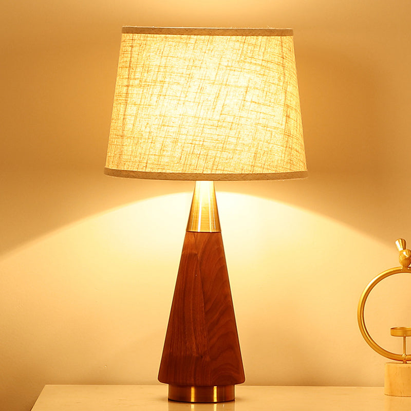 Brown Trapezoid Task Lighting Modernism 1 Head Fabric Reading Lamp with Wood Base Clearhalo 'Lamps' 'Table Lamps' Lighting' 403164