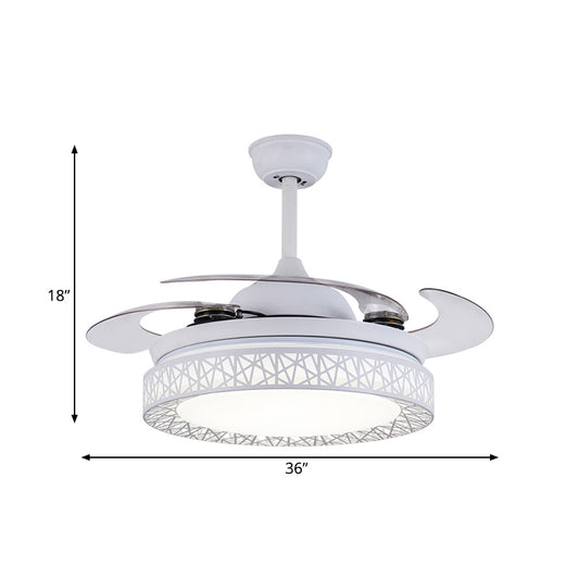 Round Bedroom Fan Lamp Contemporary Metal LED 36" W White Semi Flush Light Fixture with 4 Blades, Remote/Wall Control/Remote and Wall Control Clearhalo 'Ceiling Fans with Lights' 'Ceiling Fans' 'Modern Ceiling Fans' 'Modern' Lighting' 403172