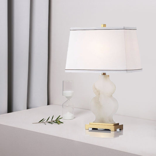 Tapered Task Light Modern Fabric 1 Head White Nightstand Lamp, Gourd Marble Base White Clearhalo 'Lamps' 'Table Lamps' Lighting' 403228