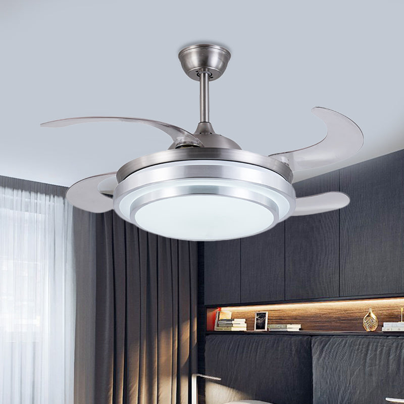 Silver Ring Ceiling Fan Lamp Contemporary Metal LED 36" W Bedroom Semi Flush Mount Light Fixture with 4 Blades, Remote/Wall Control/Remote and Wall Control Silver Clearhalo 'Ceiling Fans with Lights' 'Ceiling Fans' 'Modern Ceiling Fans' 'Modern' Lighting' 403343