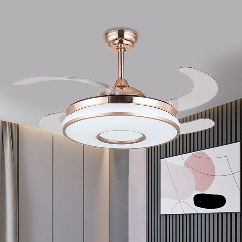 36" W Gold LED Pendant Fan Light Simplicity Acrylic Round Semi Flush Mount Lighting with 4 Blades for Bedroom, Remote/Wall Control/Remote and Wall Control Clearhalo 'Ceiling Fans with Lights' 'Ceiling Fans' 'Modern Ceiling Fans' 'Modern' Lighting' 403369