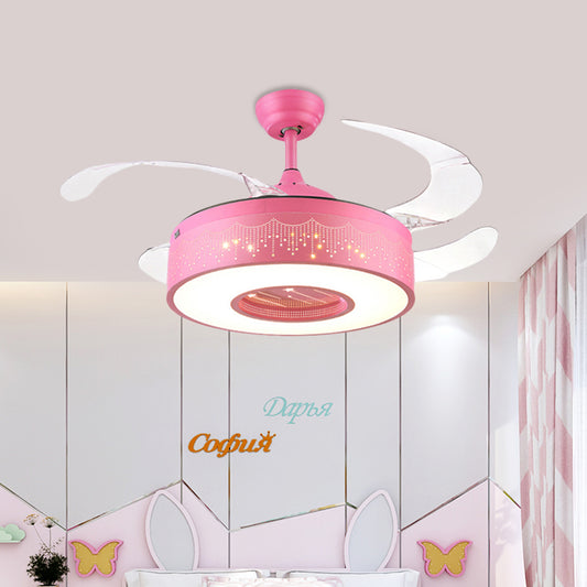 Ring Metal Semi Flush Lighting Kids Pink/Blue Finish 4 Blades LED Pendant Fan Lamp for Bedroom, 42" Wide Pink Clearhalo 'Ceiling Fans with Lights' 'Ceiling Fans' 'Kids Ceiling Fans' 'Kids' Lighting' 403816