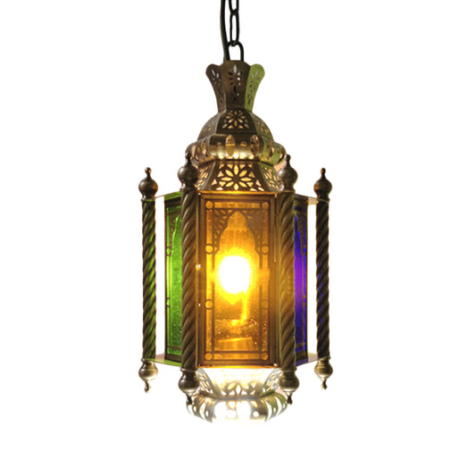 2 Heads Lantern Chandelier Lighting Arab Brass Finish Metallic Hanging Lamp Kit with Multi-Color Glass Shade Clearhalo 'Ceiling Lights' 'Chandeliers' Lighting' options 403991