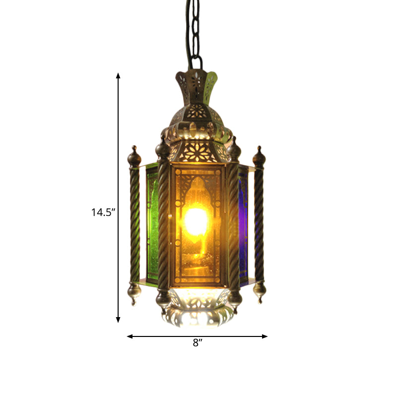 2 Heads Lantern Chandelier Lighting Arab Brass Finish Metallic Hanging Lamp Kit with Multi-Color Glass Shade Clearhalo 'Ceiling Lights' 'Chandeliers' Lighting' options 403993